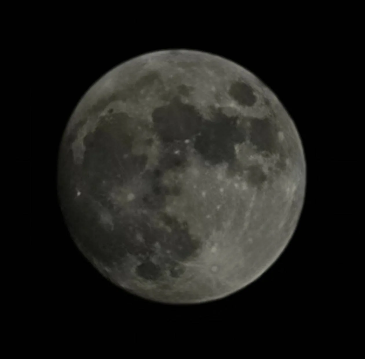 A full moon is vividly illuminated against a dark, black sky. The surface details, including craters and shadowed areas, are clearly visible, creating a textured appearance.