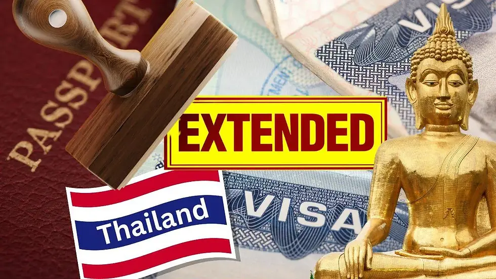 Collage showing a passport, a rubber stamp, a "Visa Extended" sign, a Thai flag, and a golden Buddha statue.