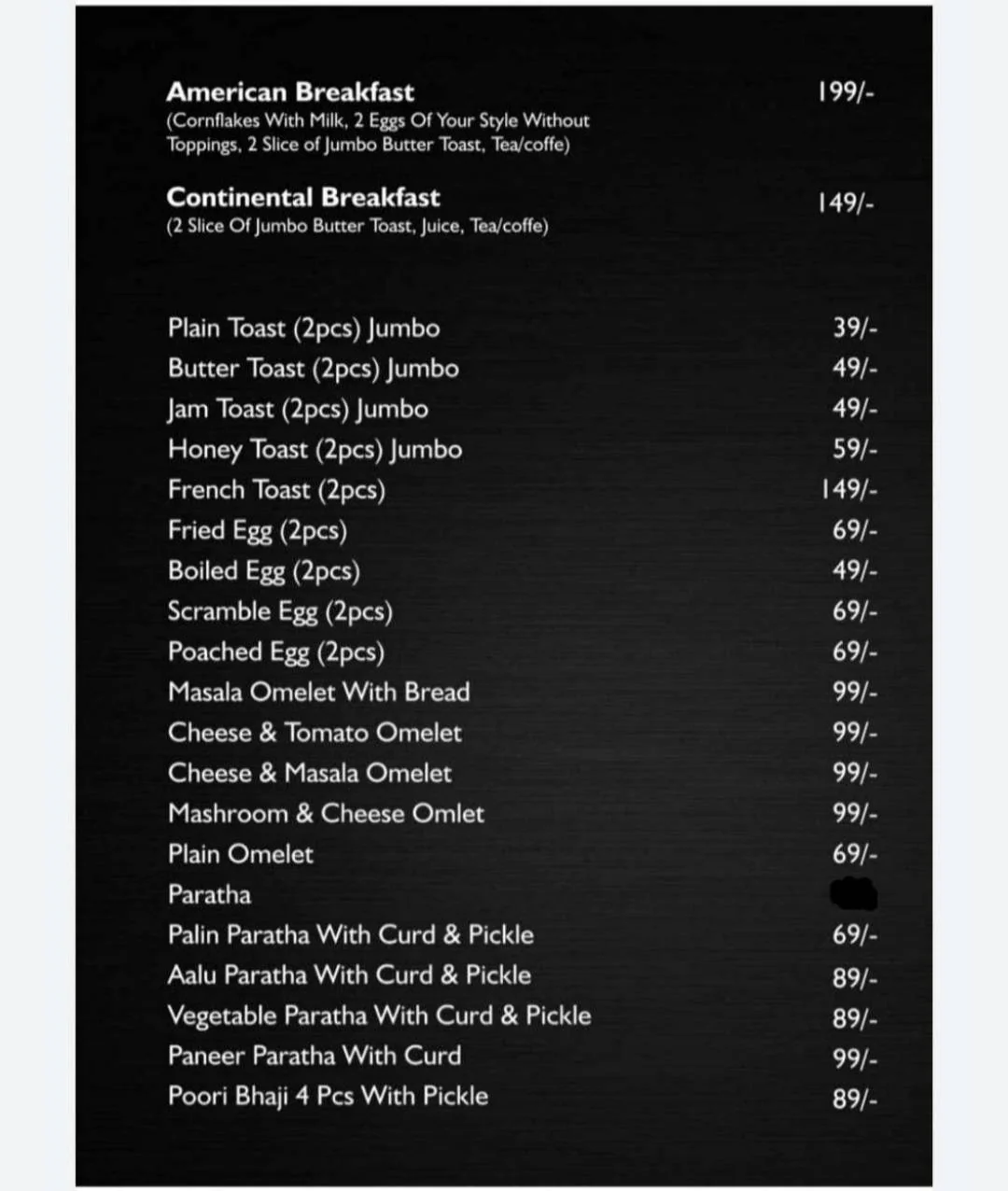 A restaurant menu lists American Breakfast, Continental Breakfast, and various items such as eggs, pancakes, toast, bacon, sausage, and sides with corresponding prices in rupees. The background is dark with white text.