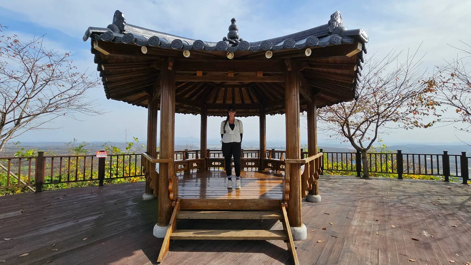 A person stands inside a traditional wooden gazebo with a curved roof, set on a wooden deck. The sky is clear, and trees with sparse leaves are visible in the background.