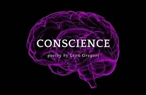 A glowing purple outline of a human brain on a black background with the text "CONSCIENCE poetry by Leon Gregori" overlaid in white letters.