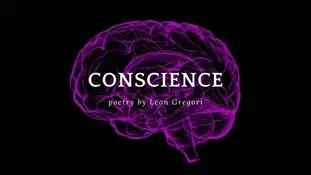 Purple brain outline on black background with white text: "CONSCIENCE, poetry by Leon Gregori
