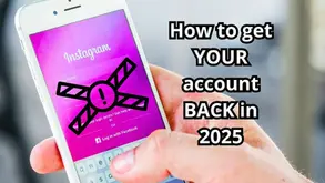 A person holding a smartphone displaying an Instagram recovery guide titled "how to get your account back in 2025", with a purple and blue background.