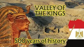 A statue of an ancient Egyptian pharaoh's head with the Valley of the Kings in the background. The text reads "Valley of the Kings: 500 years of history" alongside the Egyptian flag.