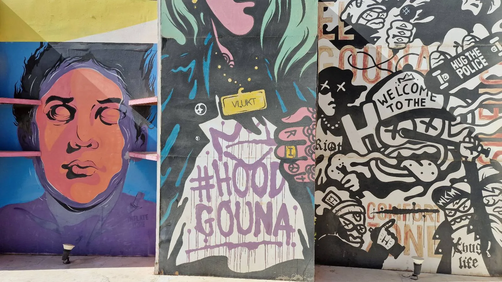 Three sections of urban street art are displayed. The left features a close-up of a face, the center showcases a multicolored design with "#HOOD WOMAN", and the right includes various graffiti and text.