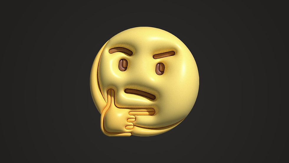 Yellow thinking emoji with raised eyebrow and hand on chin against a dark background, conveying curiosity or contemplation.