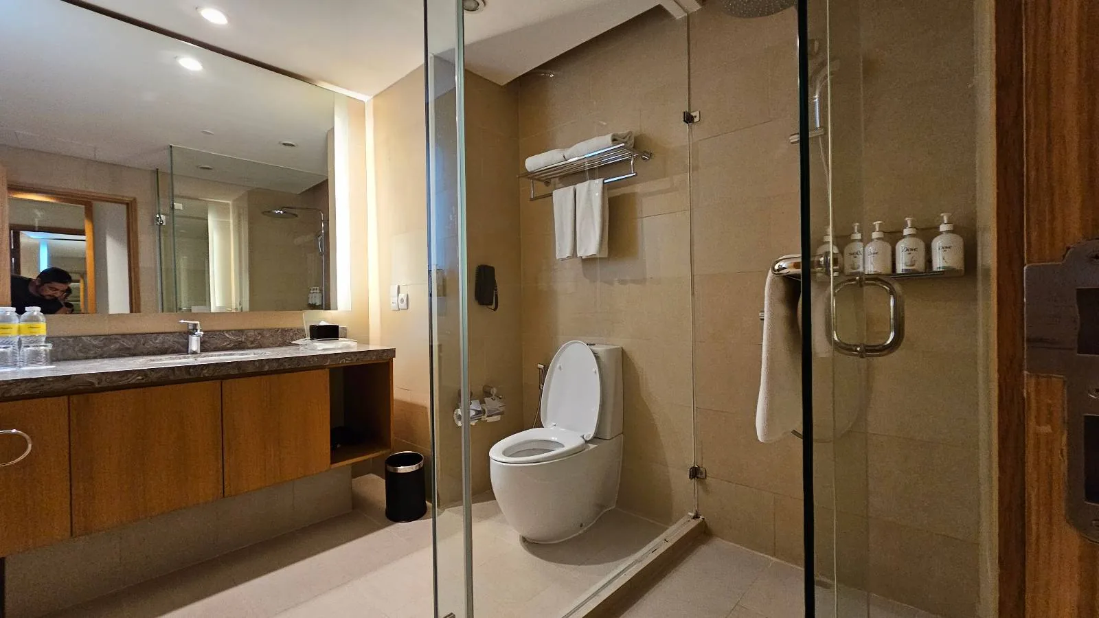 Modern bathroom with a glass-enclosed shower, white toilet, large mirror, wooden vanity with sink, towels on a rack, and toiletries on the wall. The space is well-lit and neatly organized.