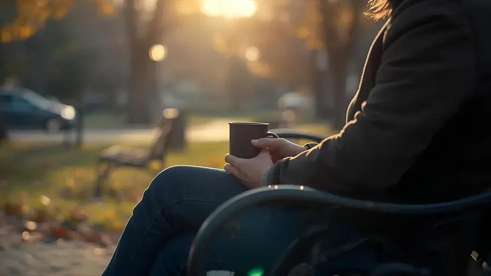 Person holding a warm mug outdoors, representing slow and steady change