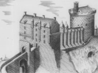 Historic artist impression of Rosslyn Castle showing fortified stone walls, tower, and bridge approach on elevated ground.
