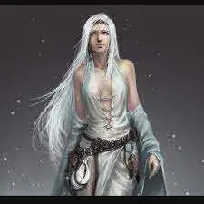 A woman with long white hair in a white dress stands against a gray background. She appears serene, wearing a belt with pouches and a shawl.