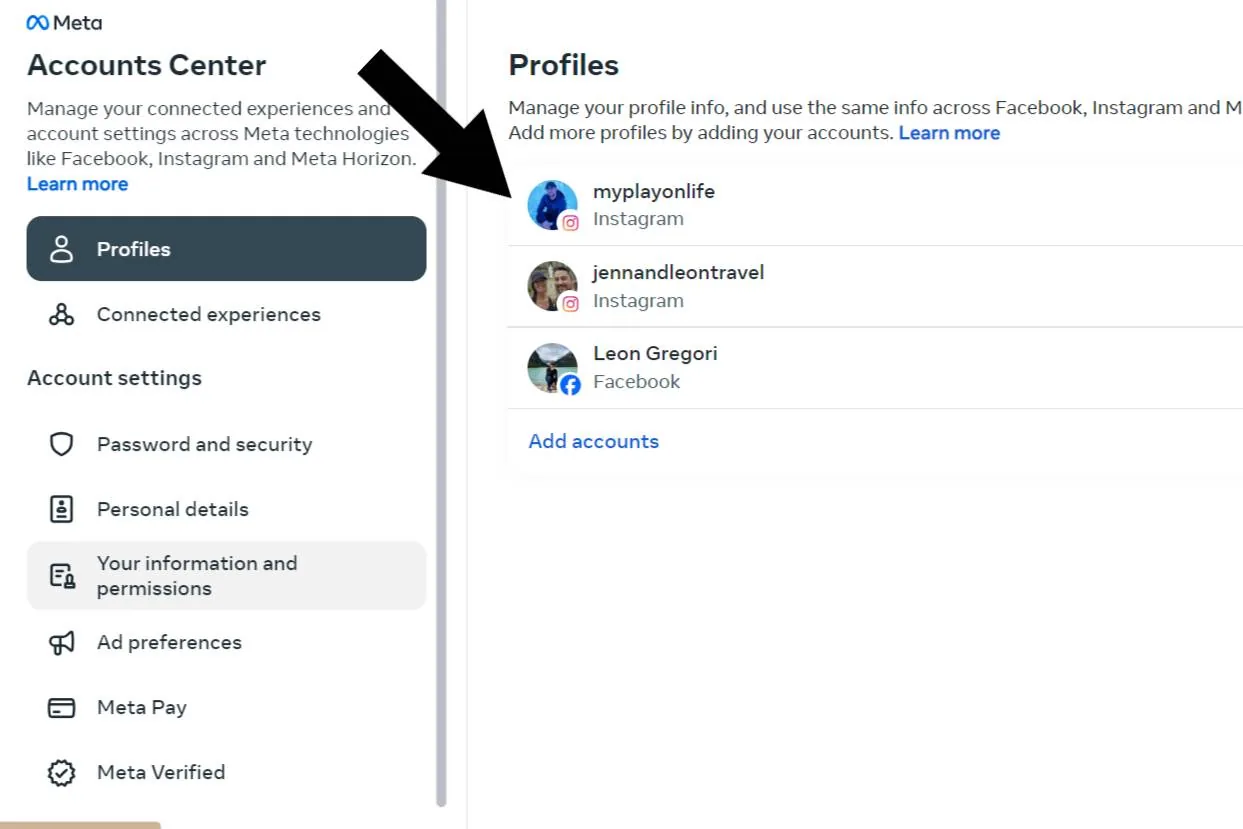 Screenshot of an account settings page showing profile management options for Facebook, Instagram, and Meta Horizon with user profiles listed on the right.
