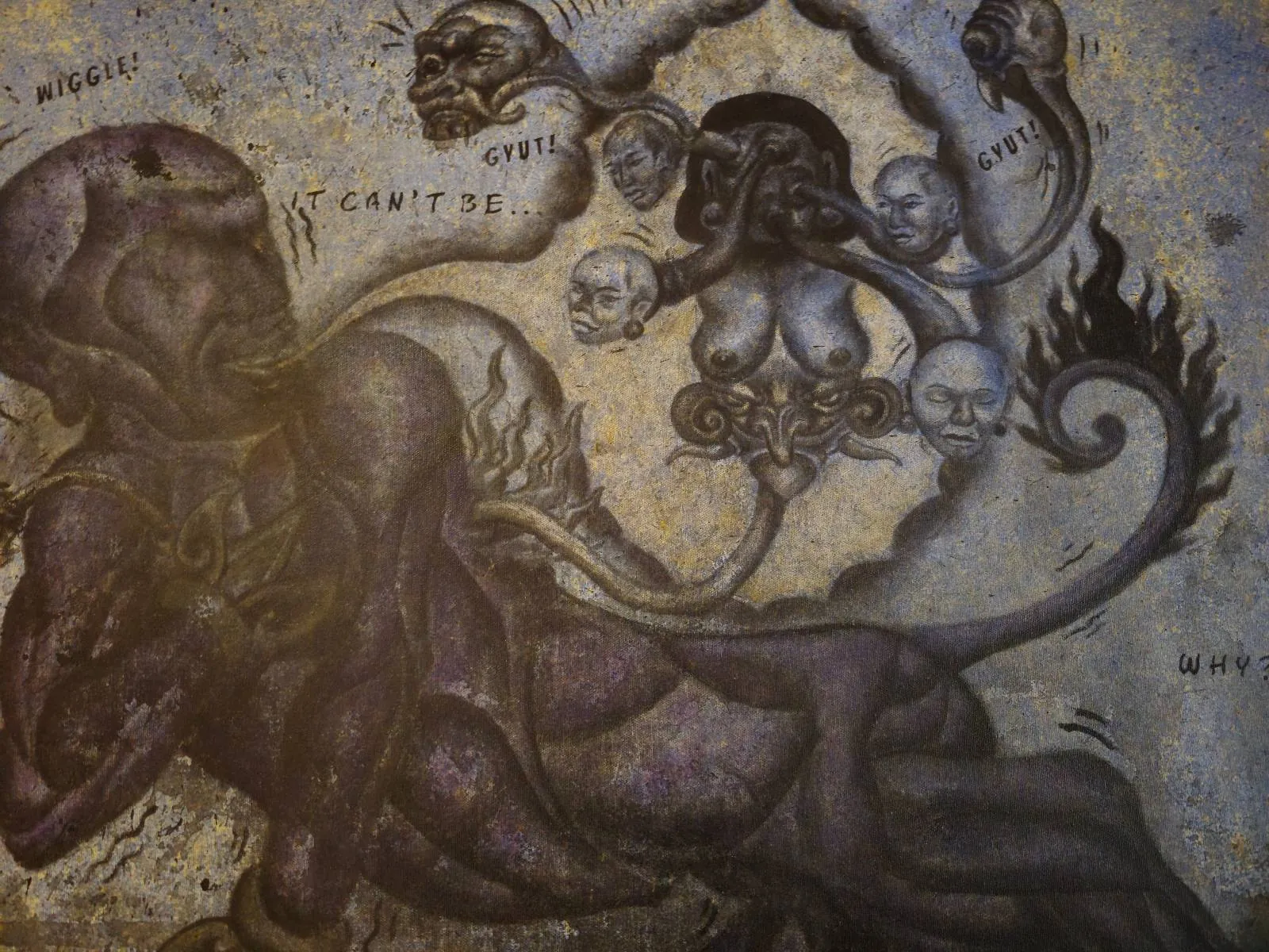 Surreal, dark artwork featuring a contorted, humanoid figure with tentacles, skulls, and faces emerging from its body against a textured background, evoking a nightmarish, fantastical scene.