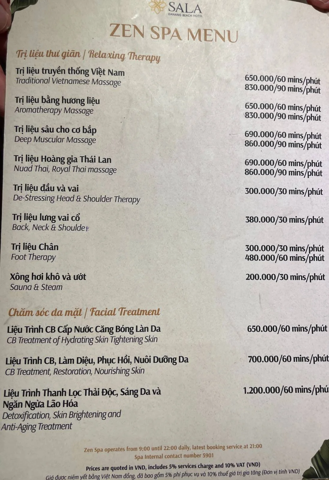 Zen Spa Menu featuring various body therapies and special treatments with prices. Includes options like hot stone therapy, detoxifying wraps, and skincare therapies. Prices range from $160 to $320. Services focus on relaxation and rejuvenation.