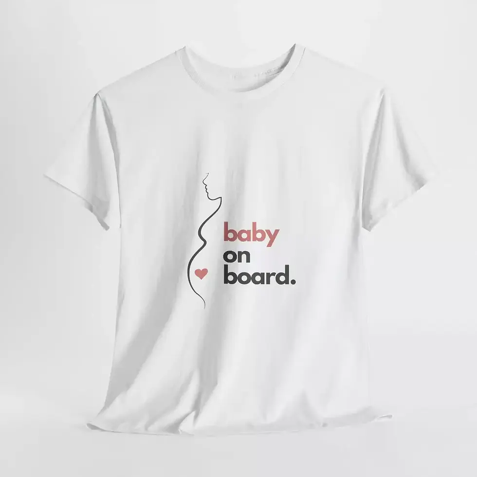 Thumbnail: A white T-shirt features a minimalist design with the text "baby on board" in black and red.