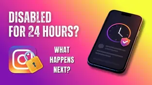 Instagram account disabled for 24 hours thumbnail showing a locked Instagram icon, smartphone and clock.