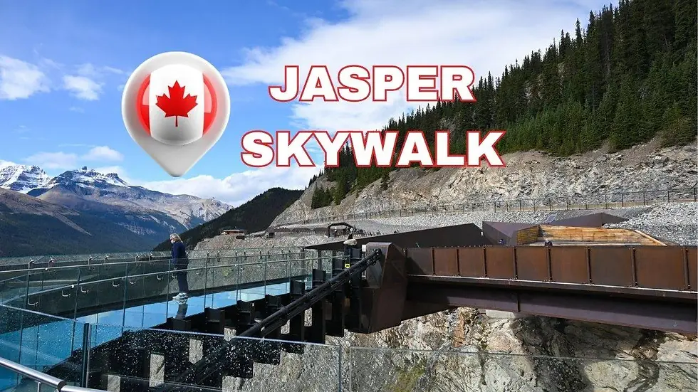 Person on glass walkway at Jasper Skywalk, surrounded by mountains and trees. Clear sky with "Jasper Skywalk" text overlay and Canadian flag.