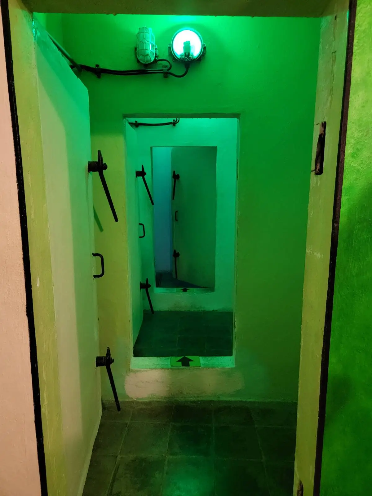 A dimly lit room with green lighting, featuring a metal door with a circular handle and multiple locking mechanisms. The floor is concrete, and wires are visible above the door.