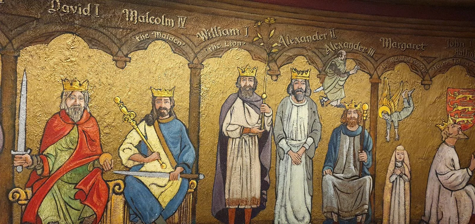 Medieval mural featuring Scottish kings including David I and Malcolm IV, shown seated and standing in ornate robes beneath labeled arches.
