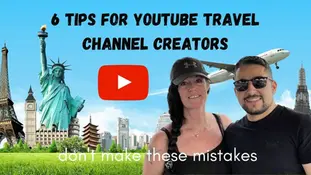 Two travel vloggers giving advice for YouTube creators with iconic landmarks and the YouTube logo in the background.