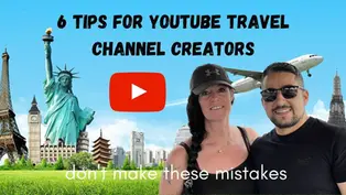 Two travel vloggers giving advice for YouTube creators with iconic landmarks and the YouTube logo in the background.