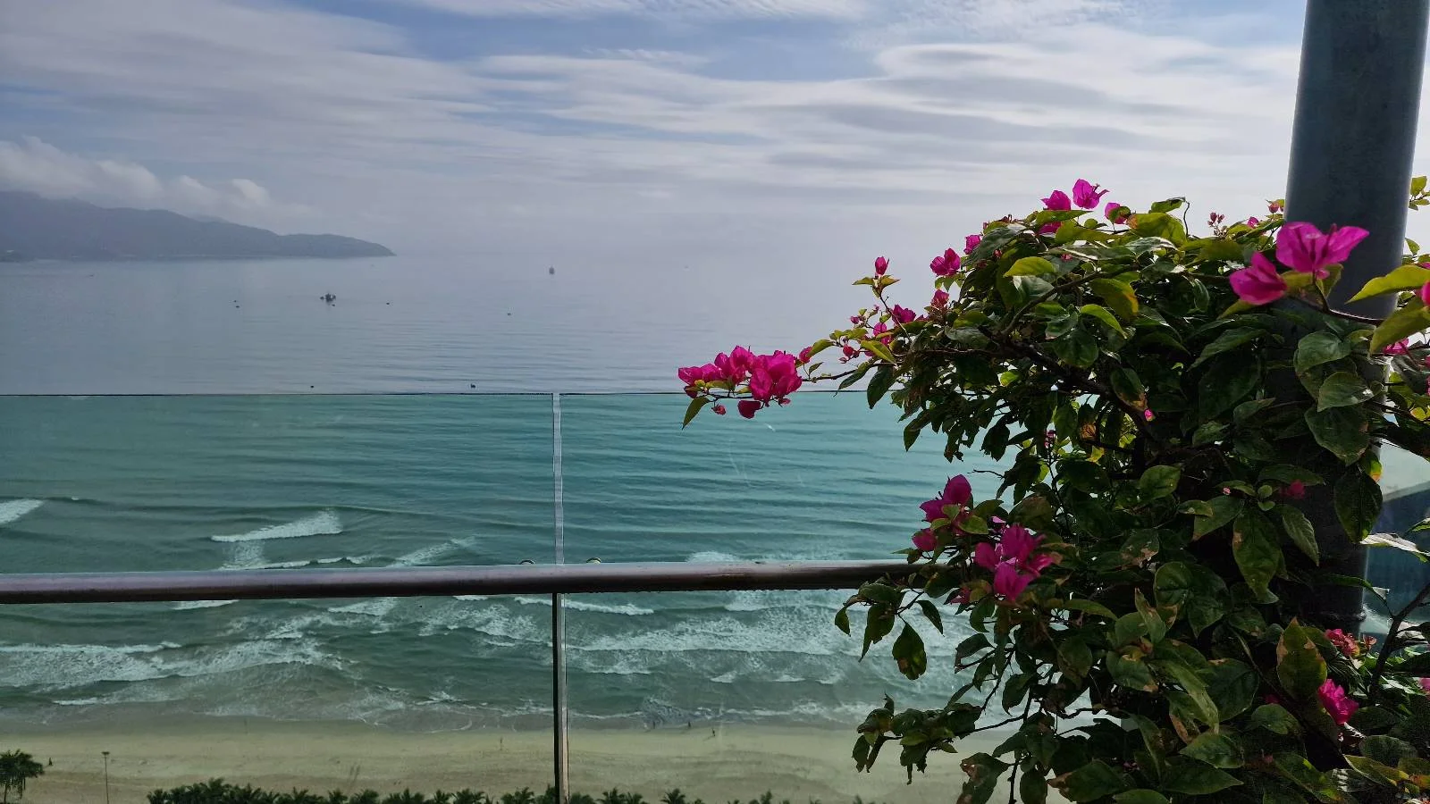 Bougainvillea flowers bloom vibrantly on a balcony overlooking a tranquil ocean. Waves gently lap the shore under a partly cloudy sky, with distant land and open sea on the horizon.