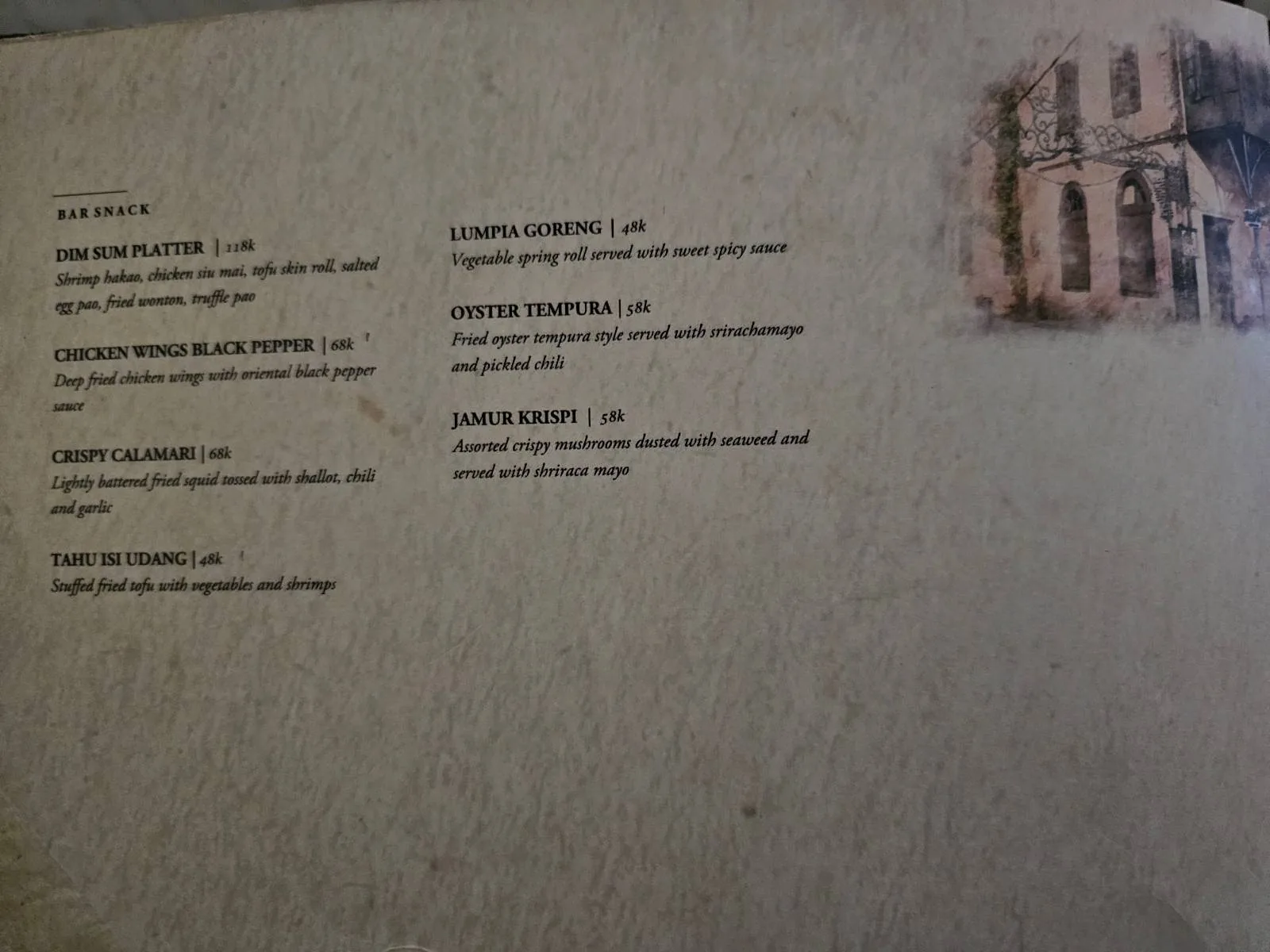 A menu on a textured beige background with faded text listing various dishes and drinks. A small illustration of a vintage building is in the top right corner.