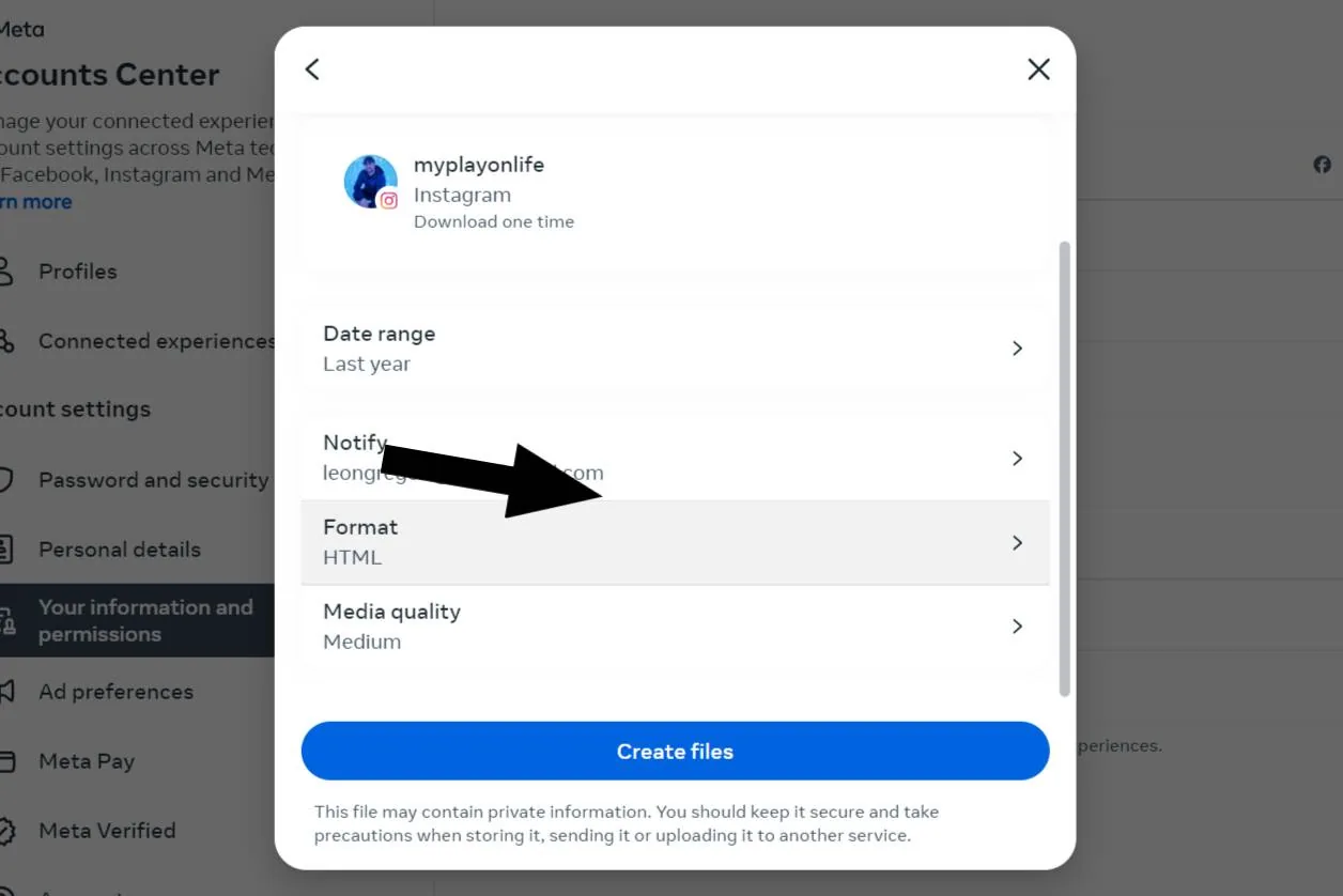 Screenshot of a data download menu with options for date range, format, and media quality, and a highlighted “HTML” format selection. A “Create file” button is visible at the bottom.