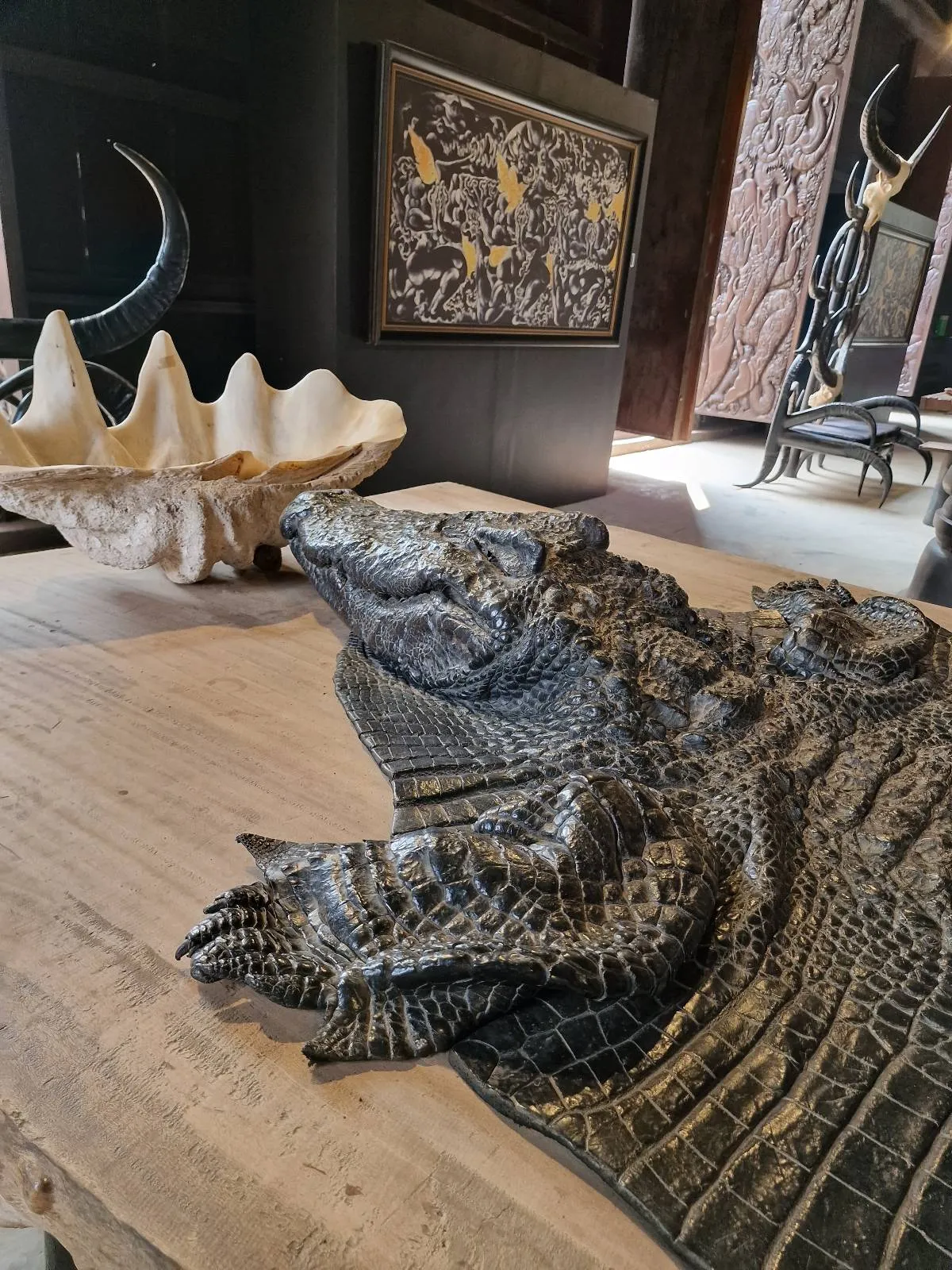 A crocodile skin is displayed on a wooden table next to a large clam shell in a room with art and decor.