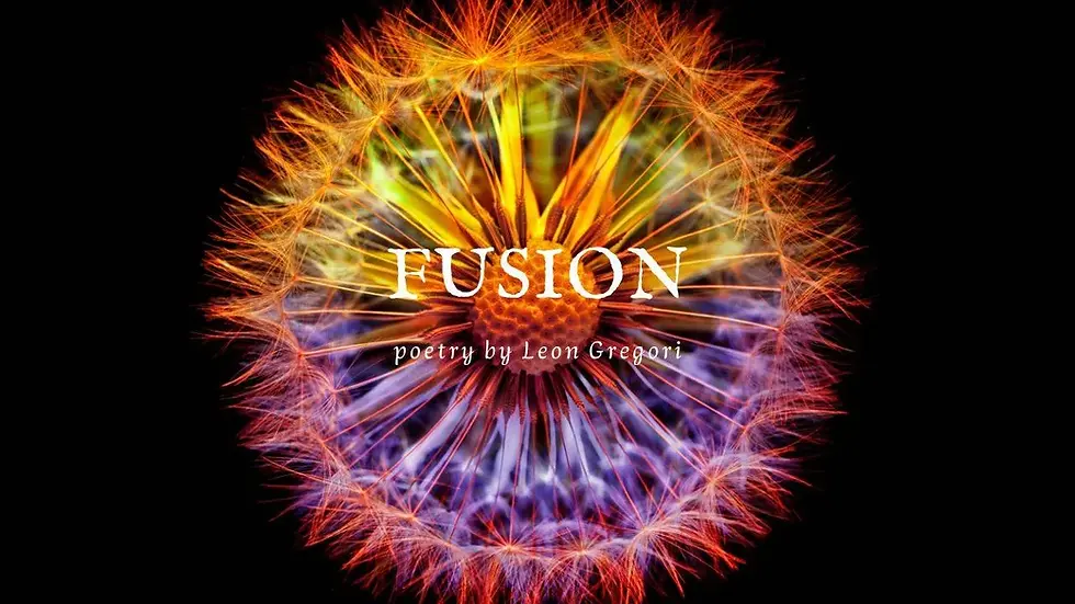 Colorful dandelion-like fractal on black background with text "FUSION: poetry by Leon Gregori" in white. Vibrant, energetic mood.