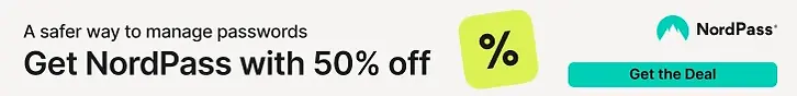 NordPass special offer banner featuring a person looking at a phone, text 'Get NordPass with 50% off' and a 'Get The Deal' button.