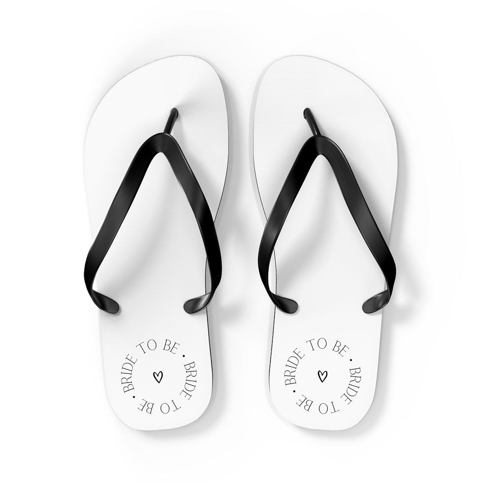 White "Bride to Be" flip-flops with black straps are the perfect addition for bachelorette parties or bridal showers.