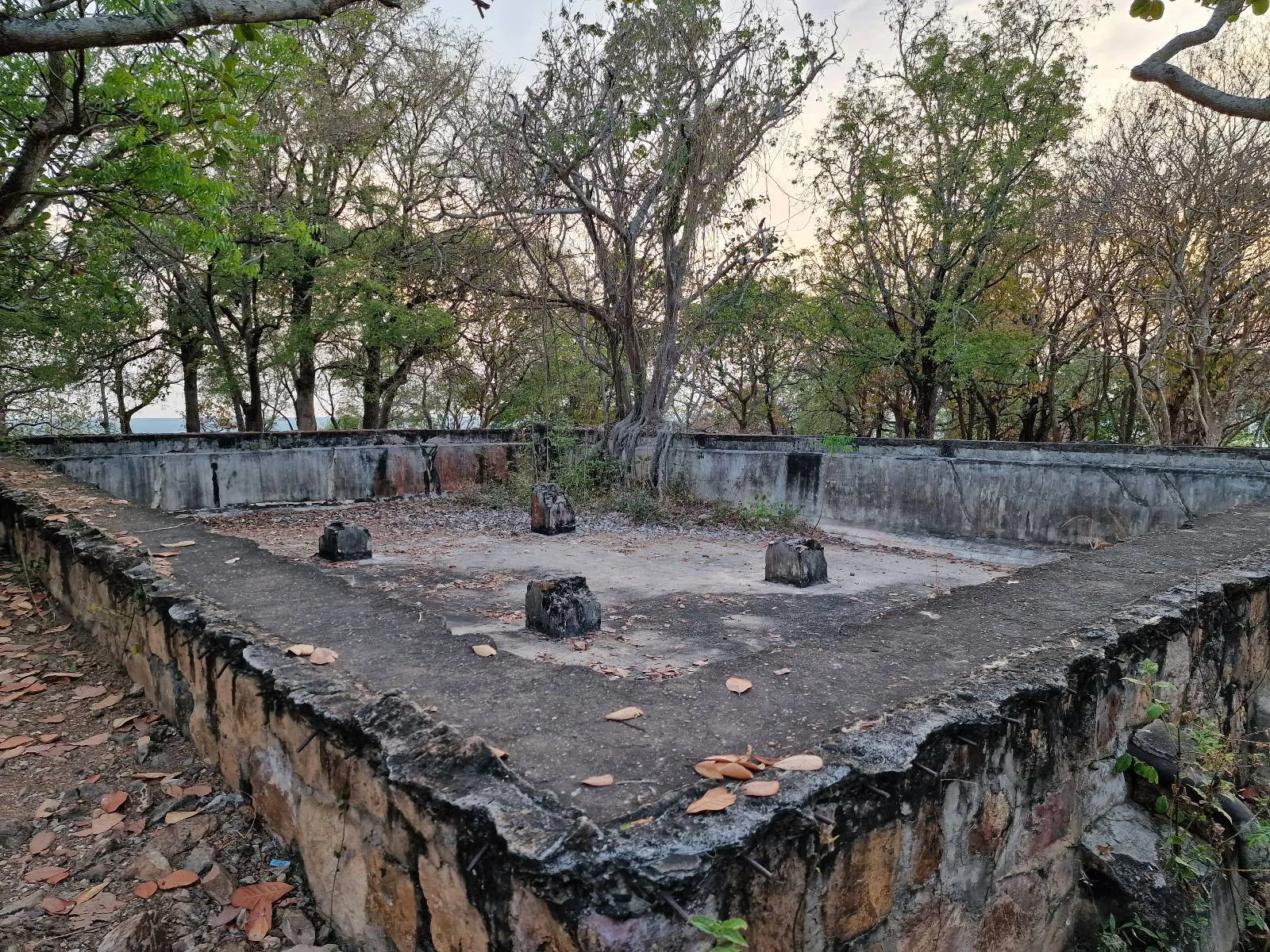 A rectangular, stone-walled platform with four short stone pillars at its corners sits amid trees and scattered fallen leaves, with a faded, weathered appearance and a natural background.