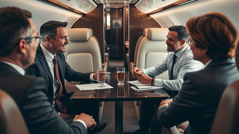 Four professionals in suits converse inside a private jet. They're seated around a table with drinks, creating a sophisticated and focused mood.