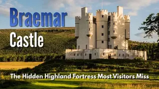 Braemar Castle in sunlight, surrounded by green hills and trees. Blue sky above. Text: "Braemar Castle, The Hidden Highland Fortress Most Visitors Miss."