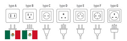 Illustration showing types A and B electrical outlets and plugs used in Mexico, alongside images of plugs C, D, E, F, and G, each with corresponding socket diagrams; Mexican flags appear under types A and B.