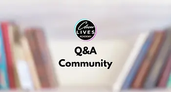Graphic for the Q&A Community featuring a blurred background of books on a shelf with the Closer Lives Academy logo and the text 'Q&A Community'.