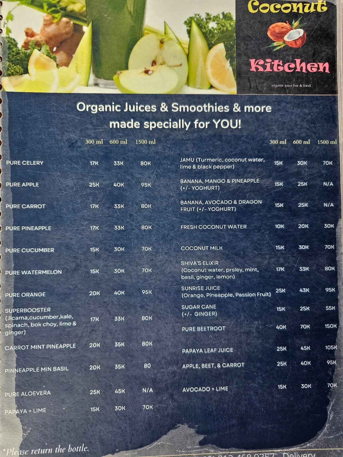 A menu with the heading "Organic Juices & Smoothies & more made specially for YOU!" lists various drinks, their ingredients, and prices. The top features images of fresh fruits. The "Corona Kitchen" logo appears in the top right corner.