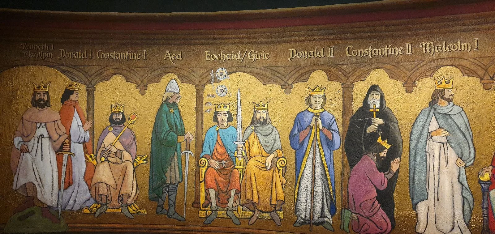 Medieval mural depicting kings, clergy, and figures in robes, illustrating historical Scottish leadership and religious influence.