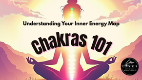 Silhouette meditating with chakras glowing, set against a colorful sunrise. Text: Chakras 101, Understanding Your Inner Energy Map.