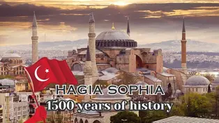 View of Hagia Sophia with a Turkish flag in front, accompanied by the text "Hagia Sophia: 1500 years of history.