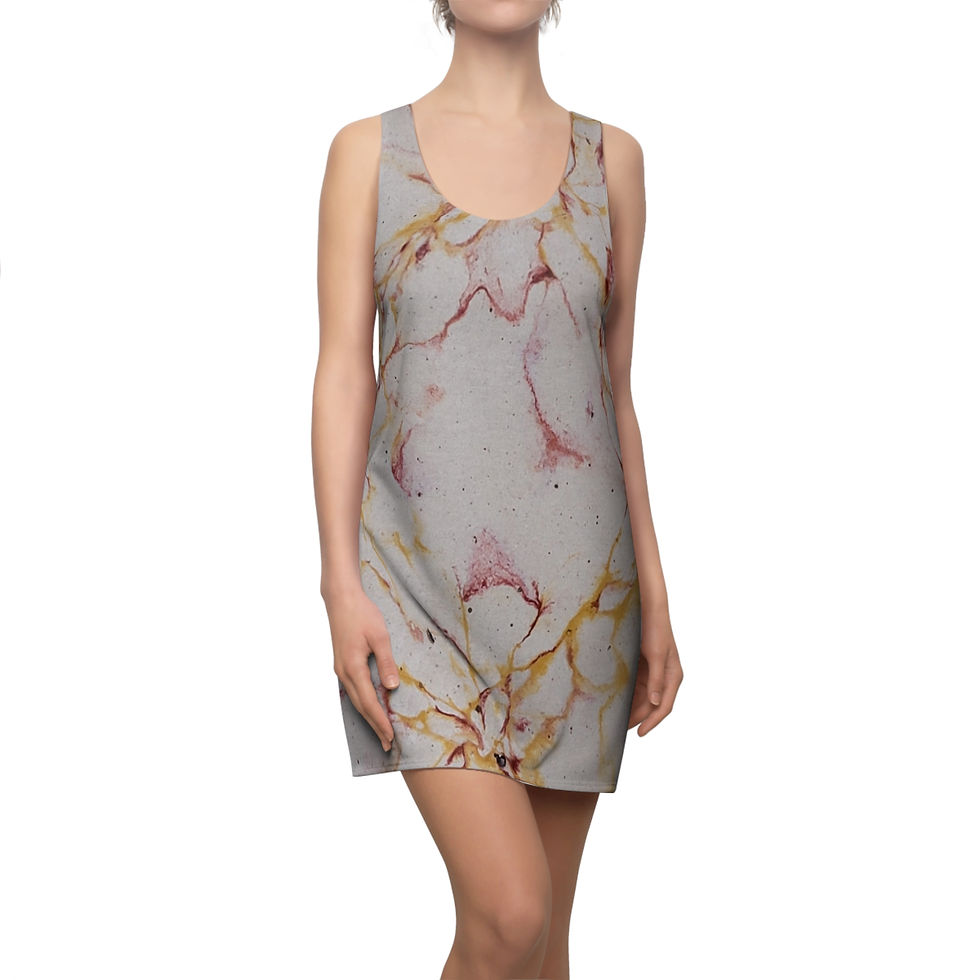 A person showcases a sleeveless dress with a marble pattern in gray, red, and yellow tones.
