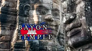 Ancient stone faces at Bayon Temple, Cambodia. Text "Bayon Temple" over colorful brush strokes. Serene, historical atmosphere.