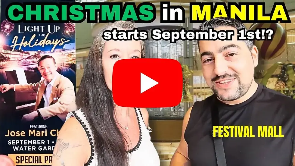 Two people smiling indoors with a "Christmas in Manila" poster and text about a holiday event starting September 1st. Bright colors.
