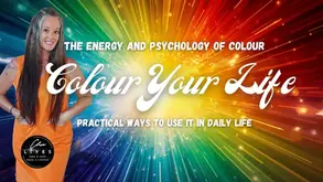 Smiling woman in orange dress, rainbow burst background. Text: "The Energy and Psychology of Colour," "Colour Your Life," "Practical Ways."
