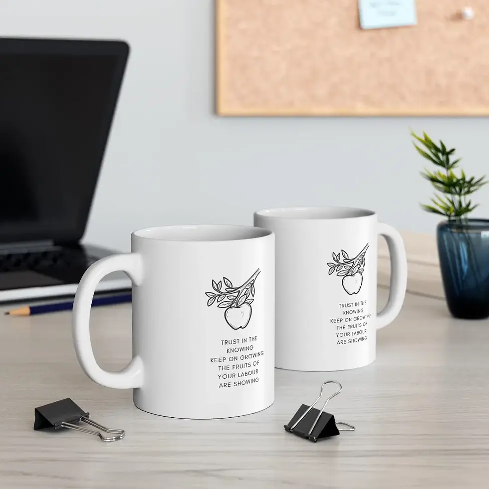 Two white mugs with text: 
