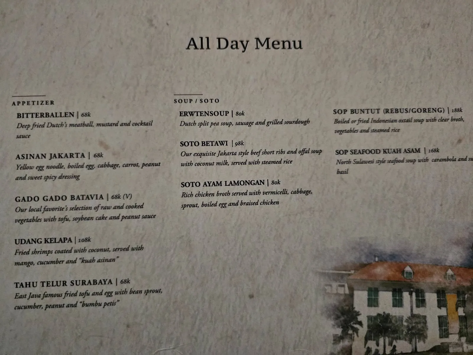 A close-up photo of an "All Day Menu" with sections for breakfast, brunch, bowls, and burgers on a textured wall. A small illustration of a house with trees is visible in the bottom right corner.