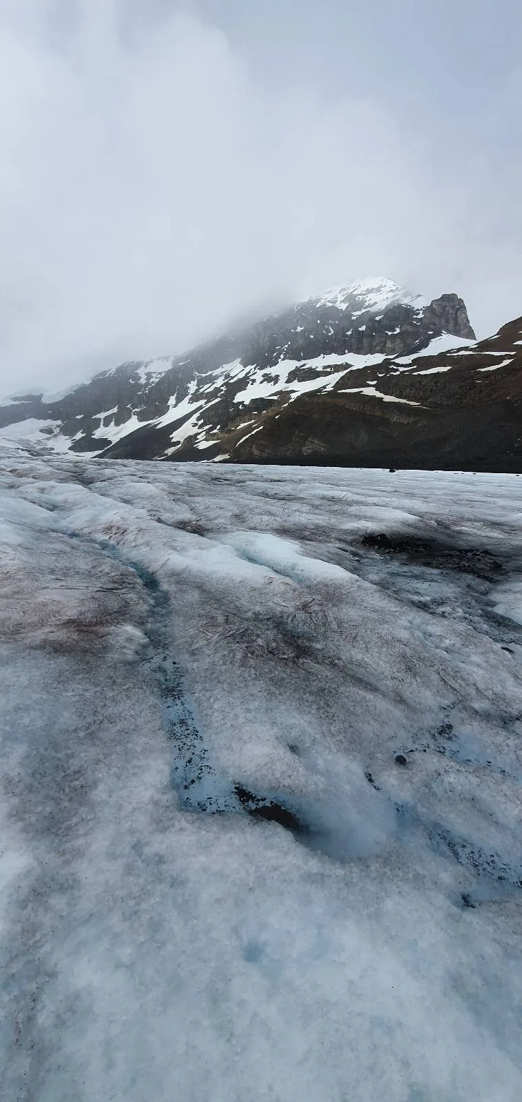 A glacier with a rough, icy surface stretches toward rocky, snow-dusted mountains under a cloudy sky. Mist partially obscures the peaks in the background.