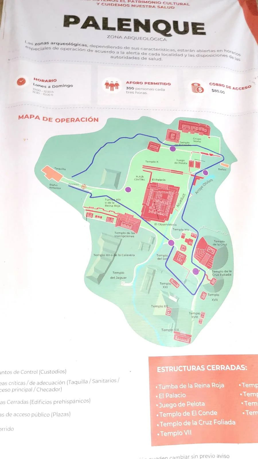 Map of Palenque, showing various attractions like the Temple of the Skull and Temple of the Red Queen. Pathways are marked in blue. The map is surrounded by informational text in Spanish.