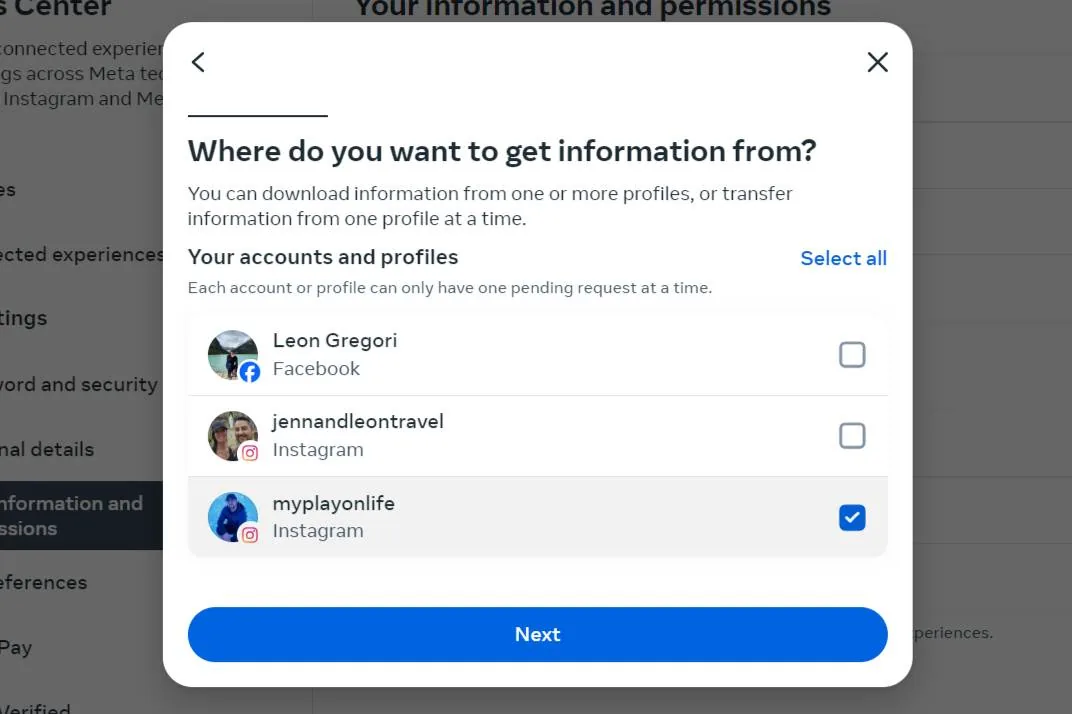 A pop-up window for selecting accounts and profiles to get information from, with three options listed: two unchecked and one checked.