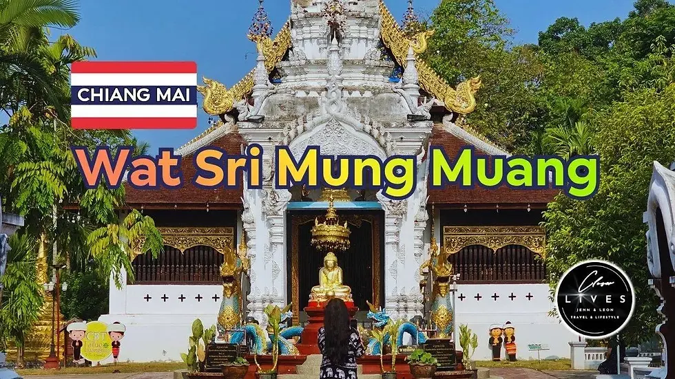 Wat Sri Mung Muang temple facade, ornate with gold and white designs. A person stands in front. Text: Chiang Mai, Wat Sri Mung Muang.